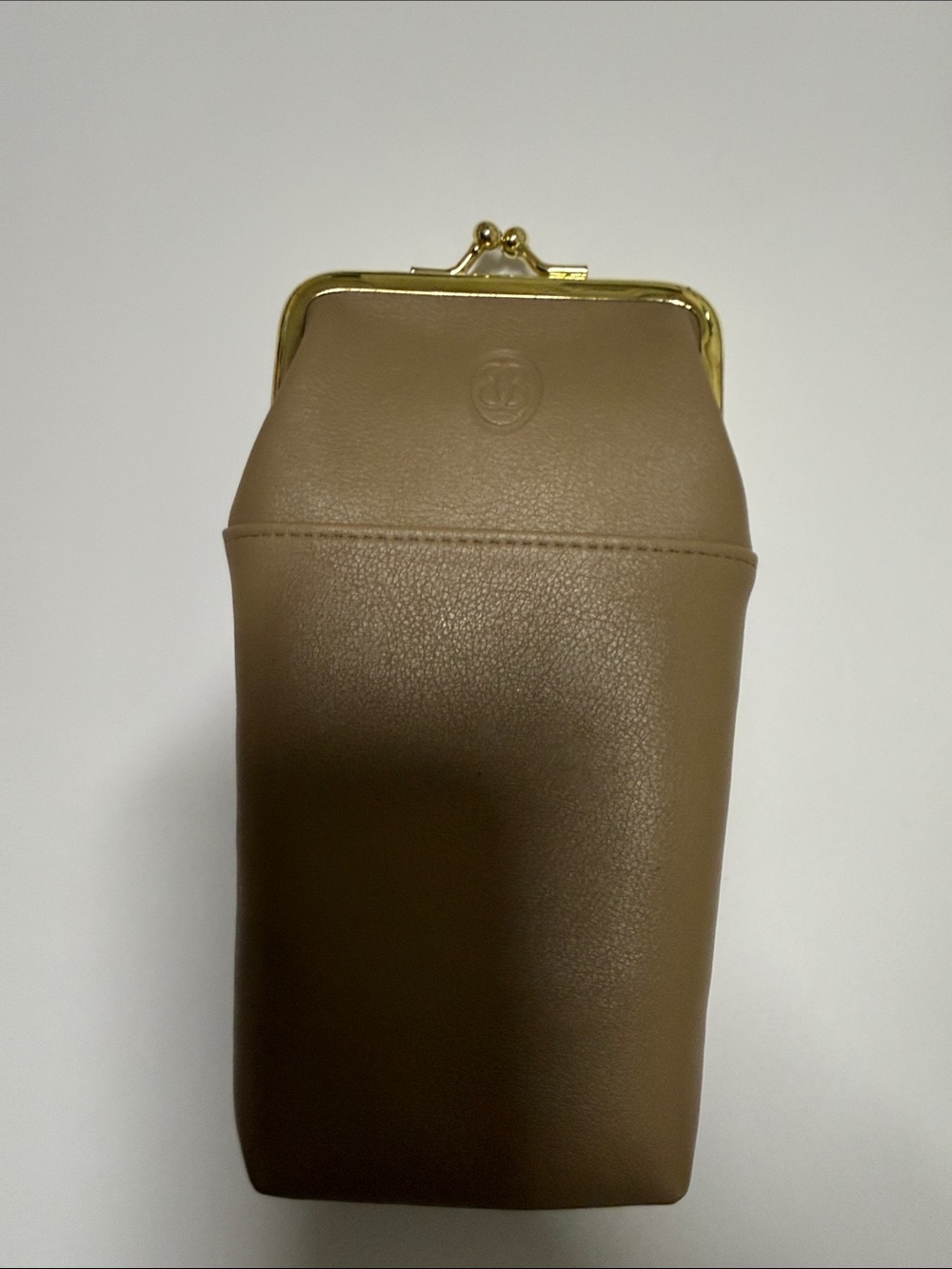 Buxton Taupe Leather Kiss-Lock Cosmetic Pouch with Gold Frame